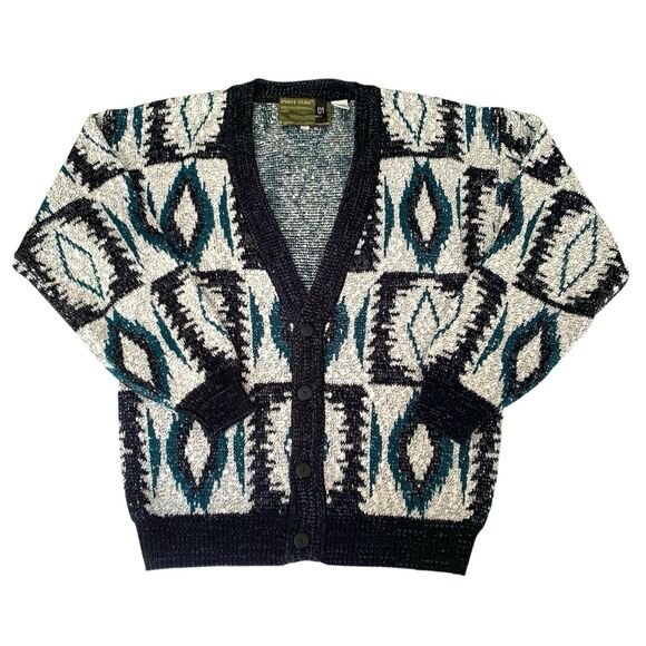 VTG Point Zero Cardigan Sweater Men S Chunky Black Diamond Grandpa Cobain Cozy - Picture 1 of 5